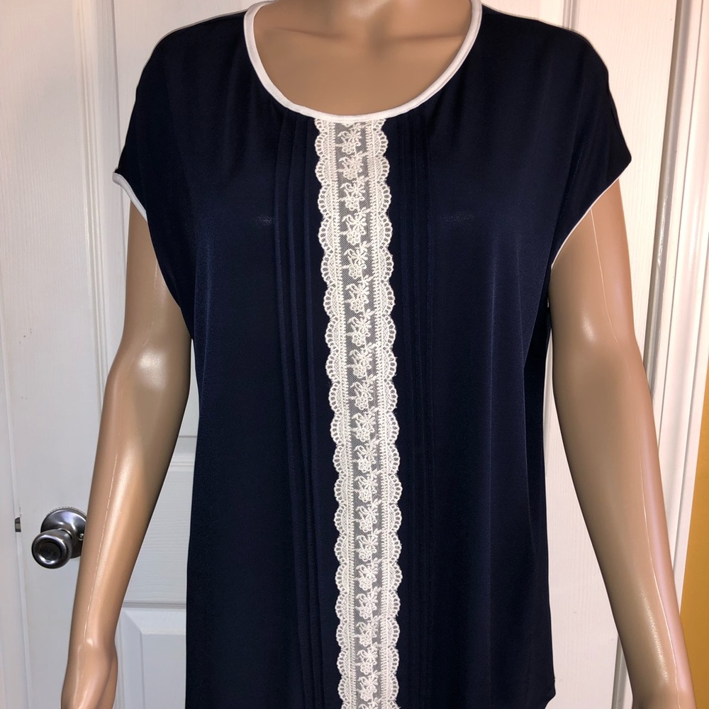 Blouse- Navy Blue with Lace Trim